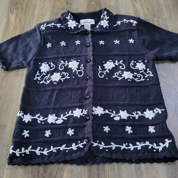 Worthington Vintage Knit Sweater Top M Petite Pearl Collar Granny Embroidered - Picture 3 of 10